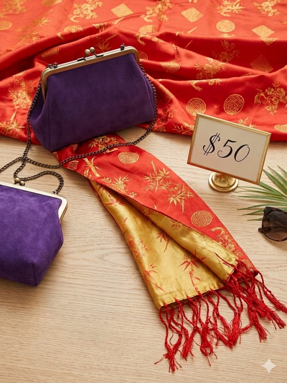 100% Vietnam Silk Reversible Scarf - Red & Gold Asian Jacquard Brocade VGUC